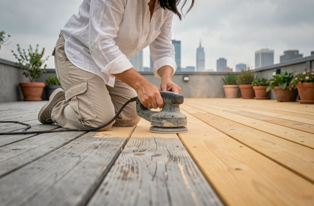 Femme ponçant une terrasse en bois en milieu urbain pour la préparer avant la saison estivale