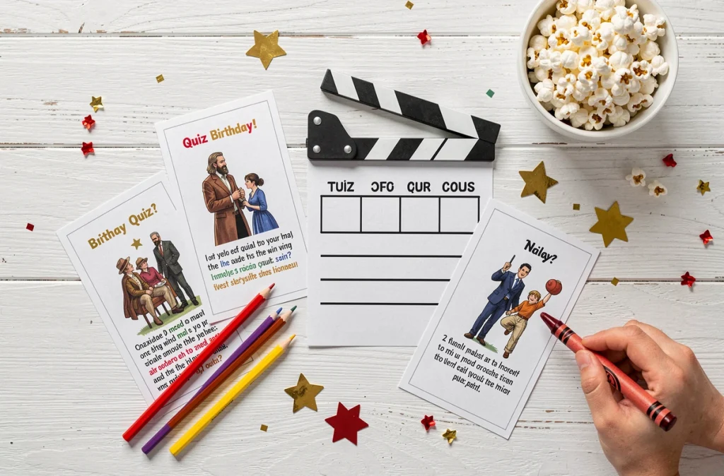 Vue de dessus des accessoires pour créer un quiz cinéma d'anniversaire pour enfants