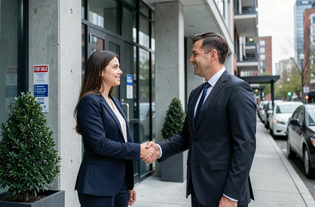 Jeune femme primo-accédante serrant la main d'un agent immobilier devant un immeuble moderne à vendre