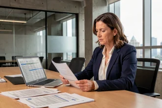 Une productrice audiovisuelle examine des dossiers de demandes de subventions publiques dans une salle de réunion moderne