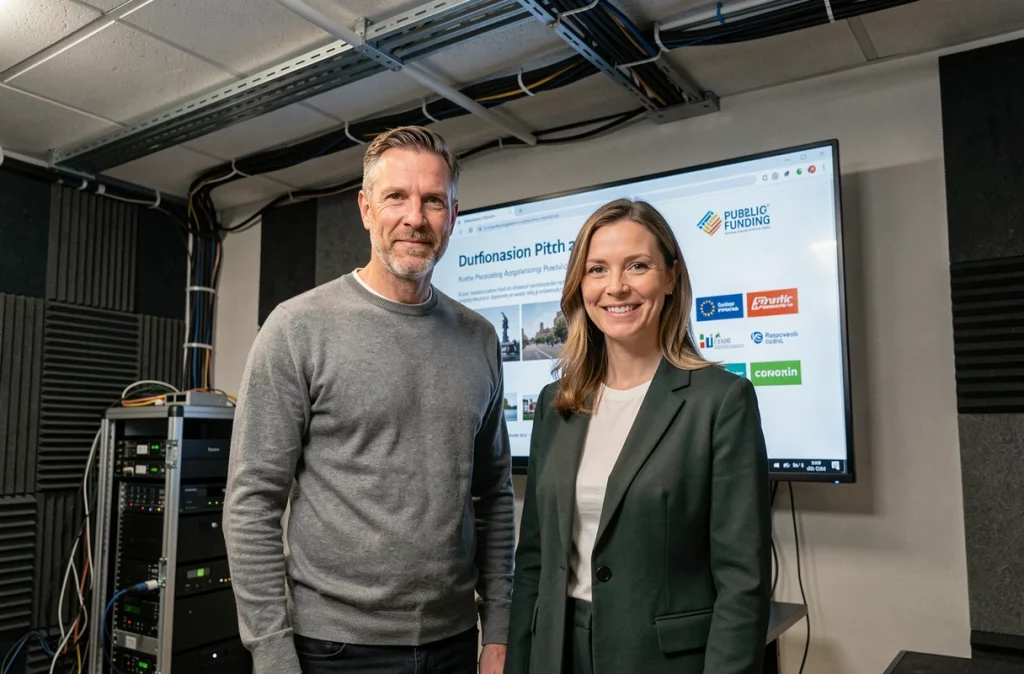 Deux professionnels de l'audiovisuel présentent un projet financé par des subventions publiques devant un écran de présentation en studio