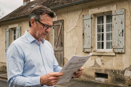 Propriétaire évaluant les travaux de rénovation énergétique devant une maison ancienne aux façades dégradées