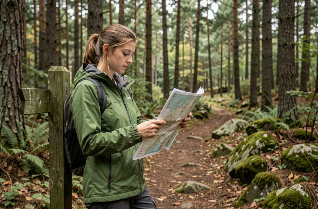 Randonneuse consultant une carte dans une grande forêt nationale pour visualiser l'échelle de 10 000 hectares