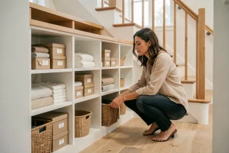 Femme organisant des étagères sur mesure dans un rangement sous escalier moderne avec des boîtes étiquetées et des paniers en osier
