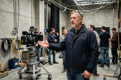 Réalisateur de cinéma sur un plateau professionnel en France, entouré d'équipes techniques et de caméras, illustrant les métiers bien rémunérés du cinéma