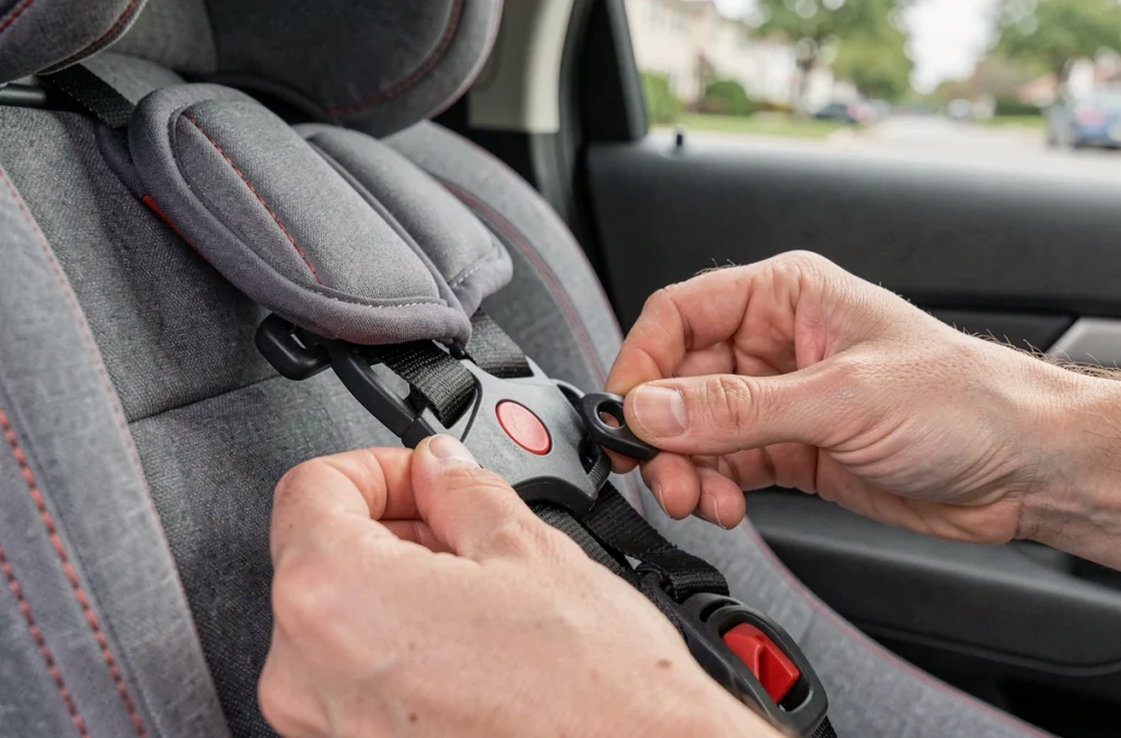 Gros plan sur le réglage des sangles et du harnais d'un siège auto enfant convertible dans une voiture