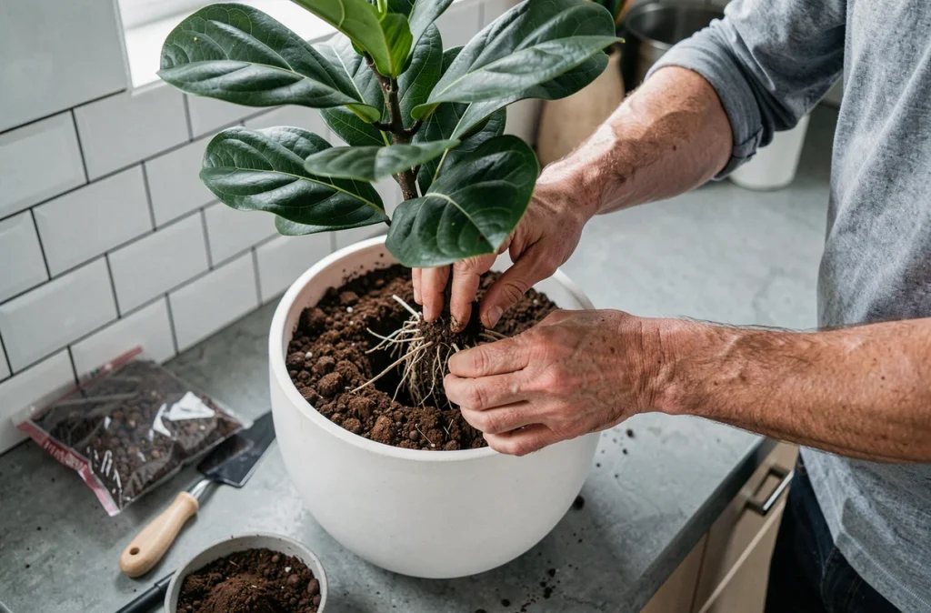 Mains masculines rempotant un ficus lyrata dans un pot en céramique sur un plan de travail de cuisine moderne