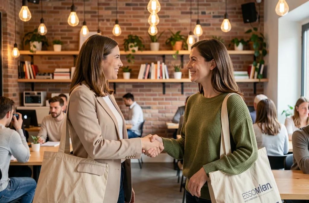 Deux femmes se rencontrent pour la première fois dans un café moderne à Lyon, représentant une rencontre amicale organisée via OVS Lyon