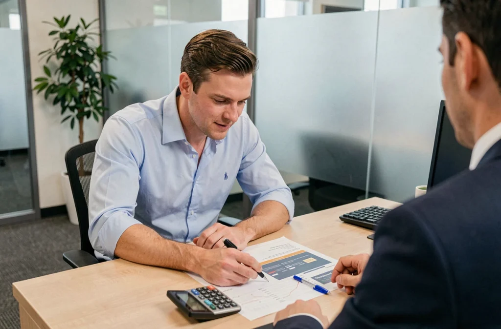 Homme discutant d'un plan de financement immobilier avec un conseiller bancaire dans un bureau professionnel