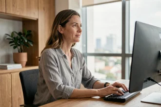 Femme appliquant la règle 20-20-20 pour reposer ses yeux face à une fenêtre dans un bureau moderne