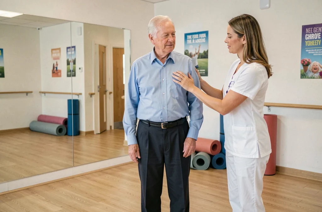 Un résident senior pratique une séance de kinésithérapie accompagné d'une professionnelle de santé dans une résidence services