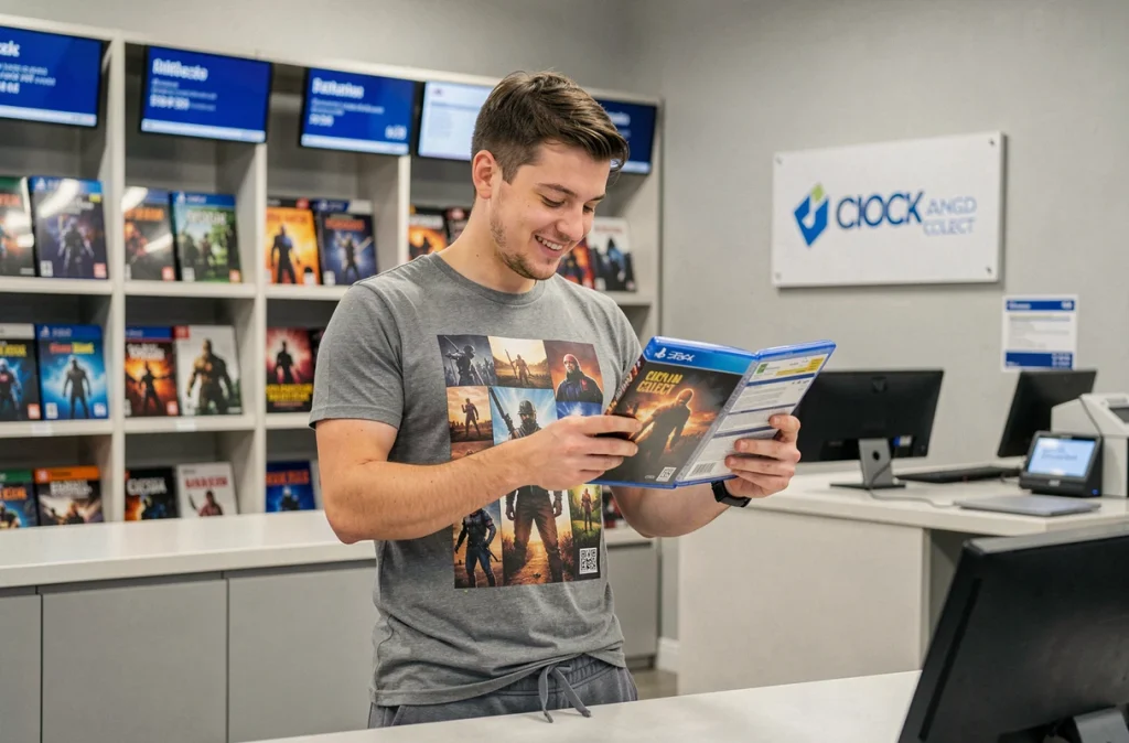 Jeune homme récupérant sa commande d'un jeu vidéo au comptoir click and collect d'un magasin spécialisé