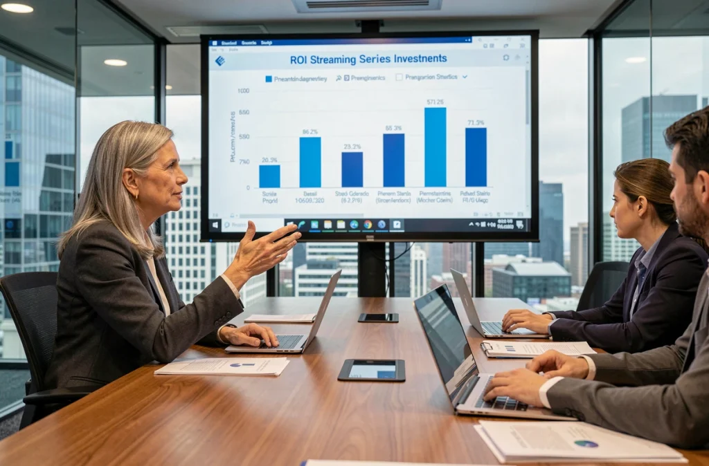 Femme d'affaires présentant des statistiques d'investissement dans les séries télévisées lors d'une réunion professionnelle