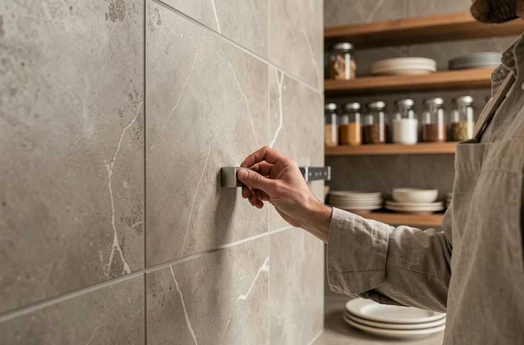 Revêtement mural en grès cérame effet béton dans une cuisine contemporaine avec étagères en bois
