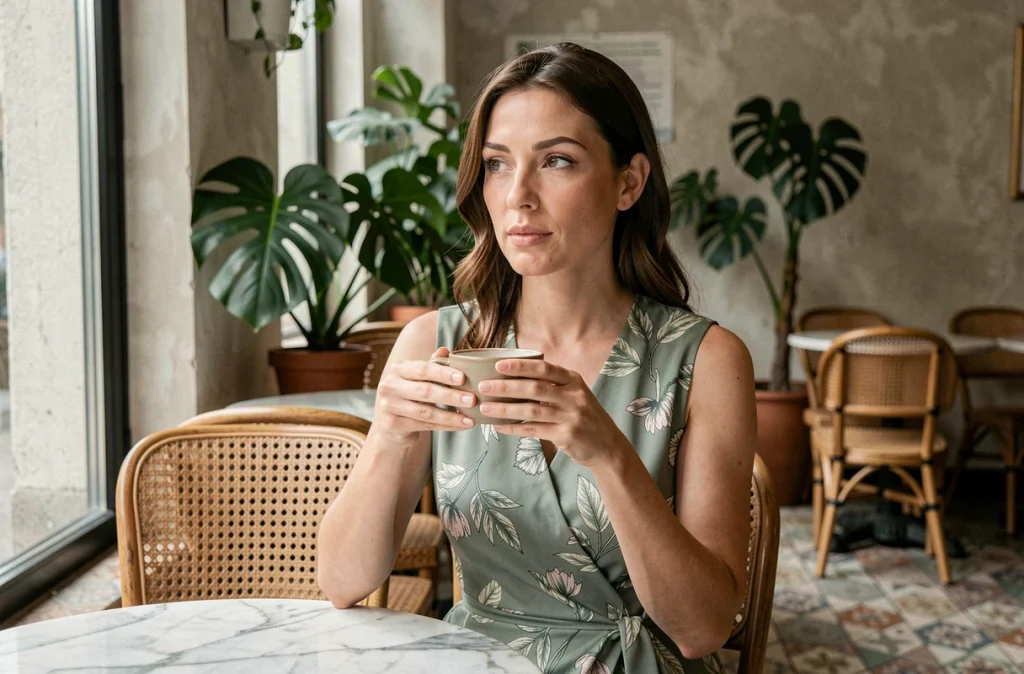 Femme élégante en robe légère à imprimé floral assise dans un café parisien, ambiance lifestyle