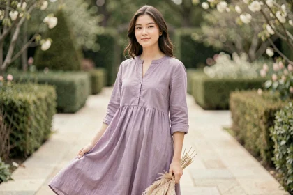 Jeune femme en robe midi lavande dans un jardin botanique printanier, collection pastel printemps-été