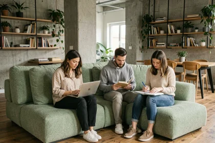 Trois colocataires adultes dans un salon moderne d'appartement en coliving avec murs en béton et étagères ouvertes