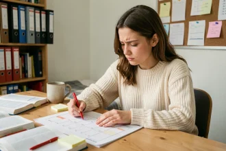 Étudiante marquant les semaines paires et impaires sur un calendrier scolaire papier à son bureau