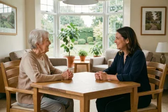 Une femme âgée et sa fille adulte partagent un moment convivial dans le salon d'une résidence services pour seniors moderne