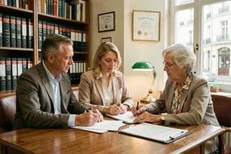 Un couple d'acheteurs signe un contrat de viager avec une vendeuse âgée chez un notaire
