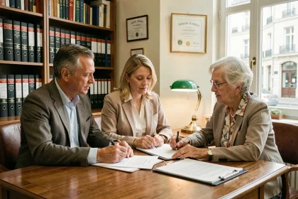 Un couple d'acheteurs signe un contrat de viager avec une vendeuse âgée chez un notaire