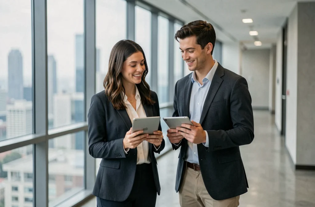 Deux jeunes professionnels discutant dans un couloir d'entreprise, illustrant la différence entre stage et première expérience professionnelle