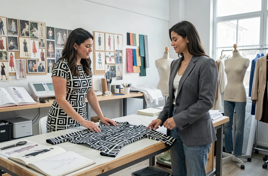 Deux stylistes en tenues vintage étudiant des créations de mode dans un atelier de design, inspiration rétro saison