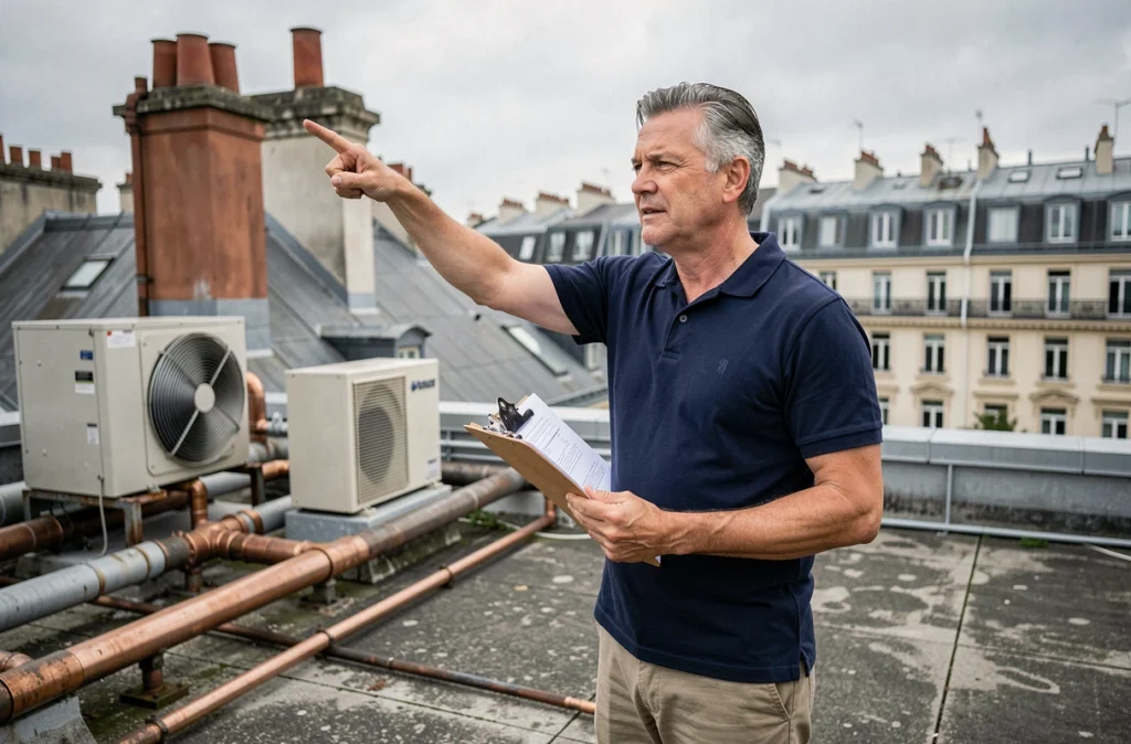 Syndic de copropriété inspectant les parties communes sur le toit d'un immeuble haussmannien à Paris