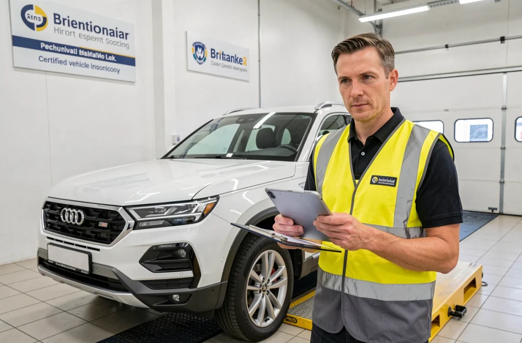 Technicien agréé réalisant un contrôle technique officiel sur un SUV dans un centre d'inspection