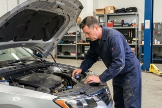 Technicien automobile inspectant le moteur d'une berline lors d'une révision annuelle dans un garage professionnel