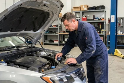 Technicien automobile inspectant le moteur d'une berline lors d'une révision annuelle dans un garage professionnel