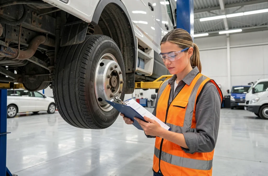 Technicienne automobile inspectant le dessous d'un camion diesel soulevé dans un centre de maintenance professionnel