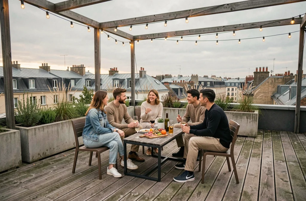 Groupe de colocataires réunis sur une terrasse partagée en rooftop avec vue sur les toits d'une grande ville européenne