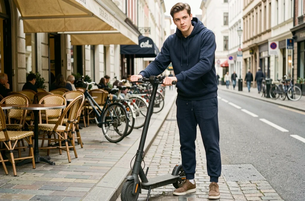 Jeune homme garant une trottinette électrique en libre-service sur un trottoir urbain, illustrant les nouveaux modes de mobilité assurés