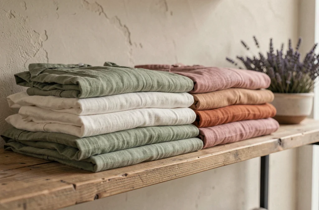 Vêtements en lin pliés en coloris estivaux sur une étagère en bois dans une boutique minimaliste, mettant en valeur la texture naturelle du tissu