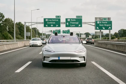 Voiture autonome circulant sur une autoroute française avec capteurs lidar visibles sur le toit