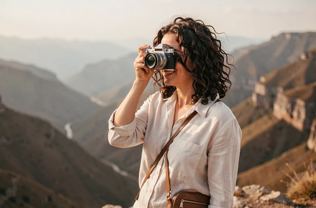 Voyageuse utilisant un appareil photo compact au sommet d'un belvédère de montagne, parfait pour la photographie en voyage