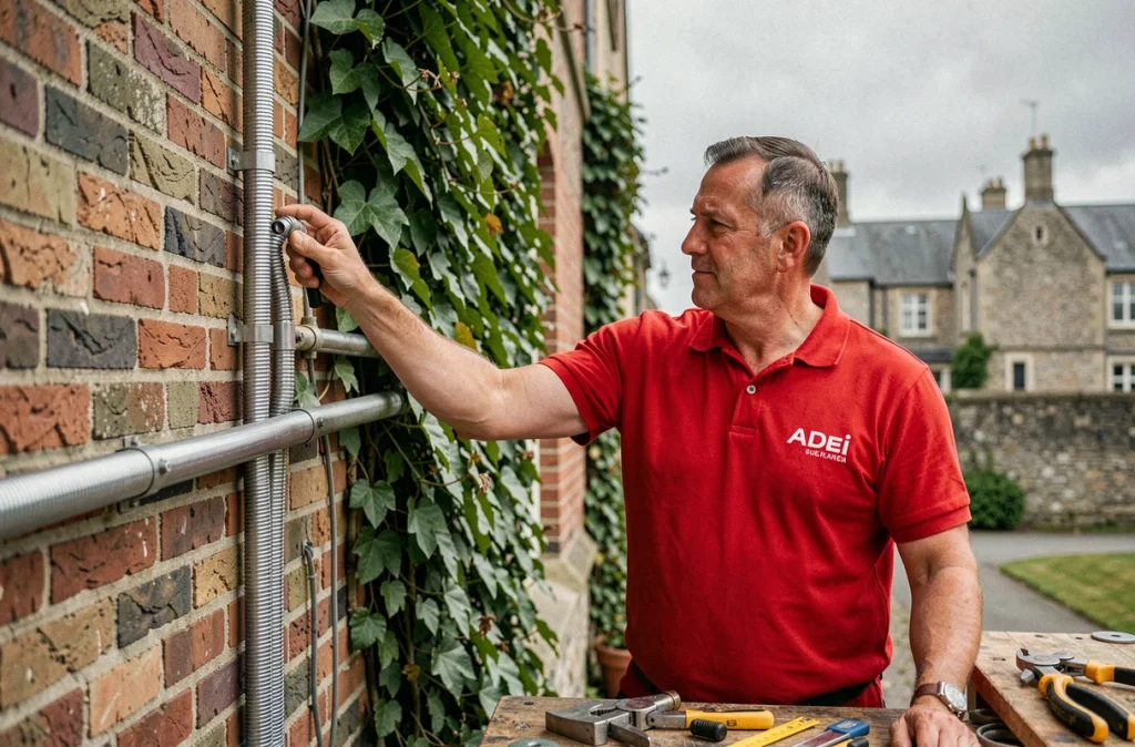 Électricien ADEI Électricité posant un chemin de câbles blindé le long d'un mur extérieur en brique d'un bâtiment public normand