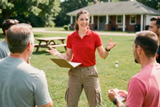 Animatrice enthousiaste dirigeant une activité de groupe en plein air dans un parc verdoyant