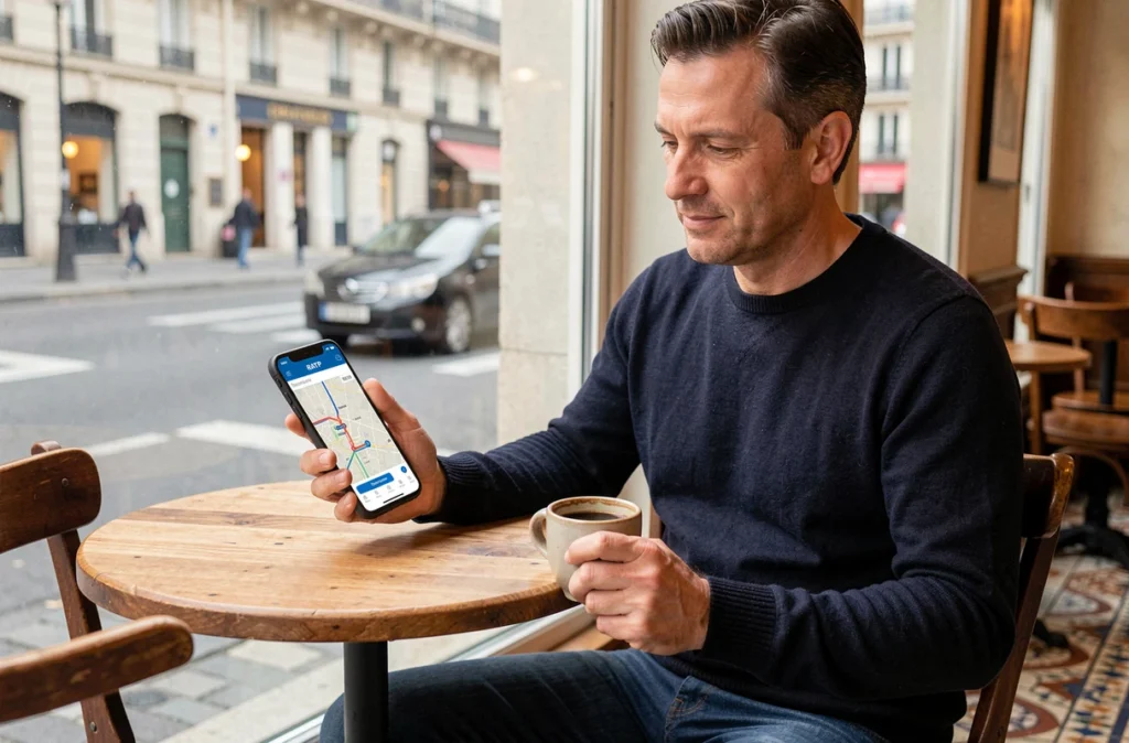 Homme utilisant une application mobile de carte RER en Île-de-France dans un café parisien