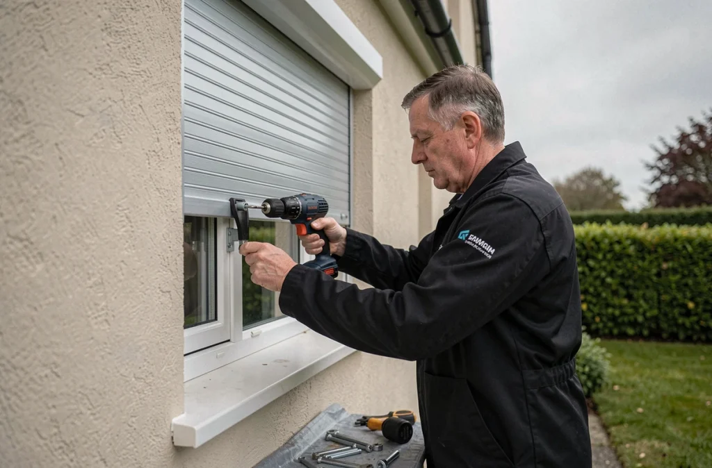 Technicien Bati Fermetures posant un volet roulant motorisé sur une maison individuelle en Normandie