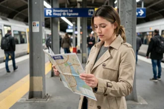 Femme consultant une carte papier du RER Île-de-France sur un quai de gare parisienne