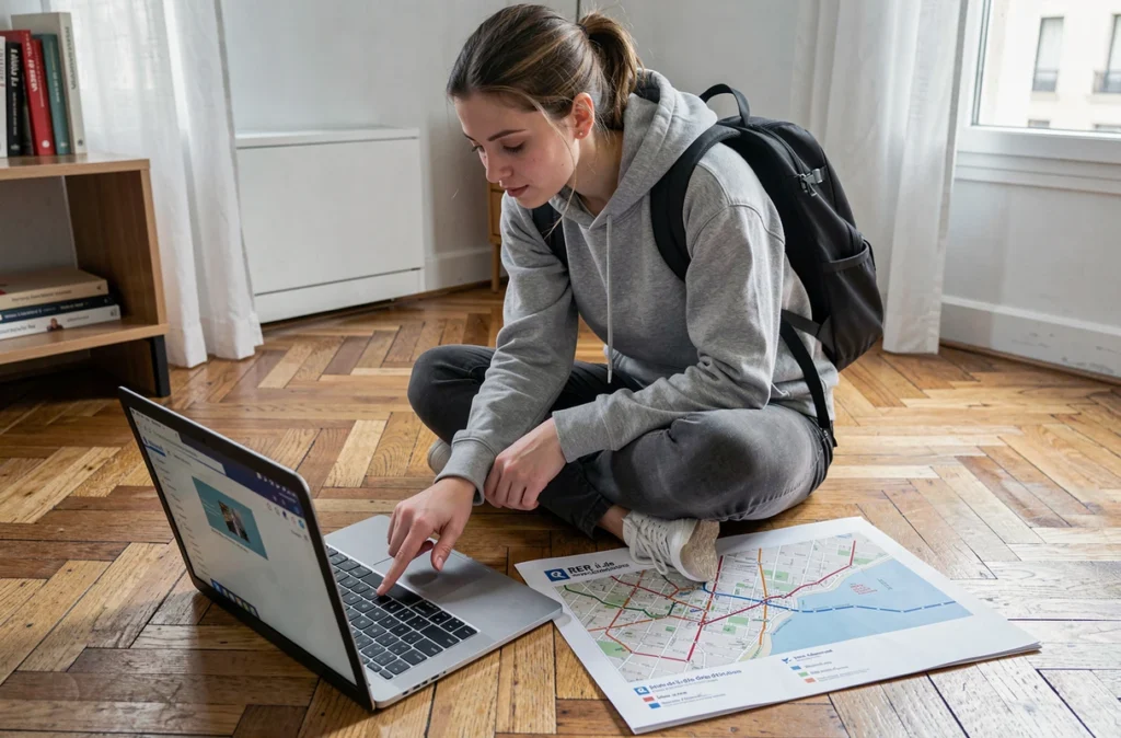 Jeune femme comparant une carte PDF imprimée du RER Île-de-France et une version numérique sur ordinateur portable chez elle