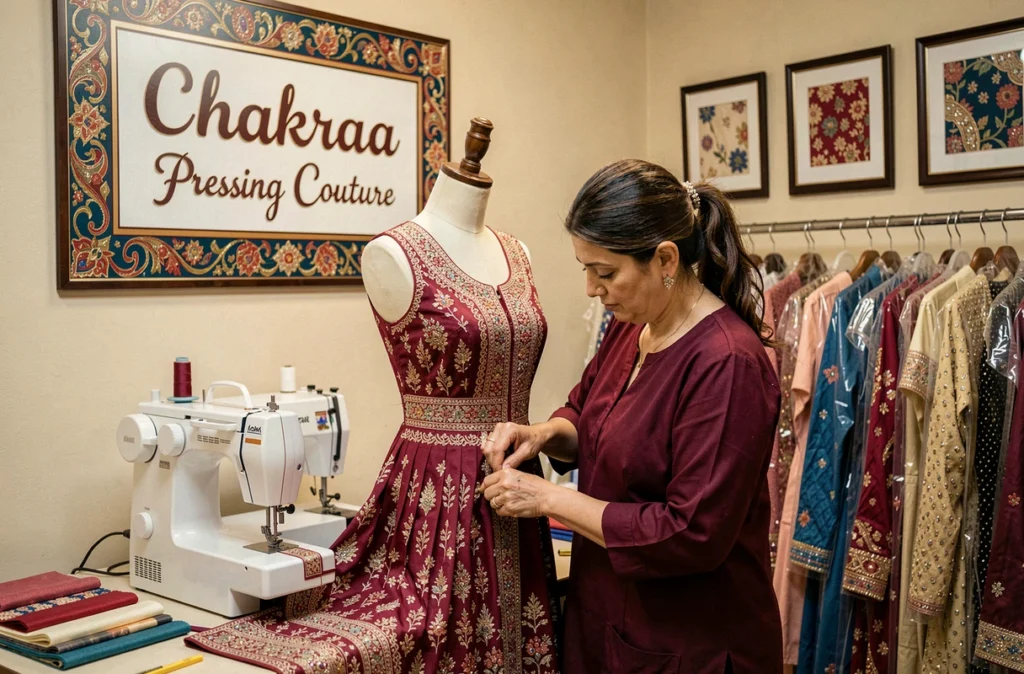 Couturière de Chakraa Pressing Couture épinglant l'ourlet d'un vêtement brodé sur un mannequin dans son atelier spécialisé