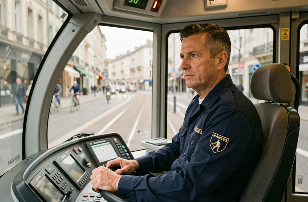 Conducteur de tramway en uniforme aux commandes d'une rame moderne sur une ligne de Nantes