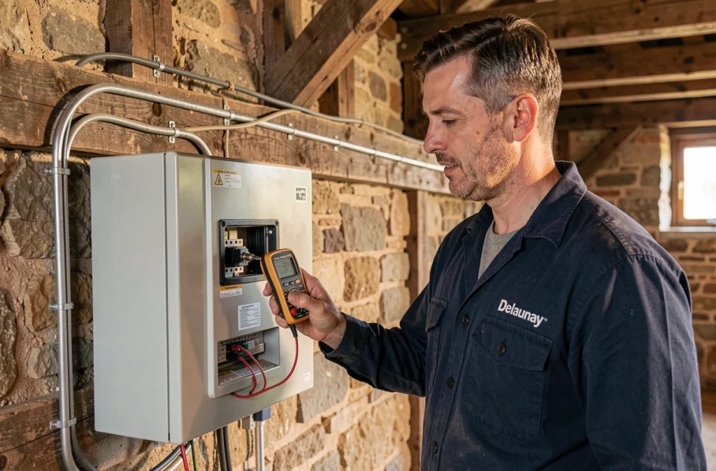 Électricien Delaunay testant une armoire électrique industrielle avec un multimètre dans un bâtiment agricole de l'Orne