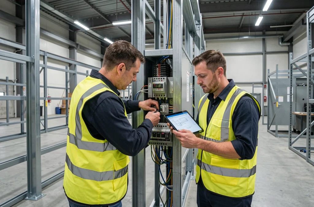 Deux électriciens Electel MS installant un tableau triphasé dans un entrepôt industriel neuf