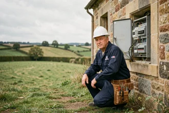 Électricien professionnel intervenant sur un tableau électrique extérieur dans l'Orne, avec la campagne normande en arrière-plan