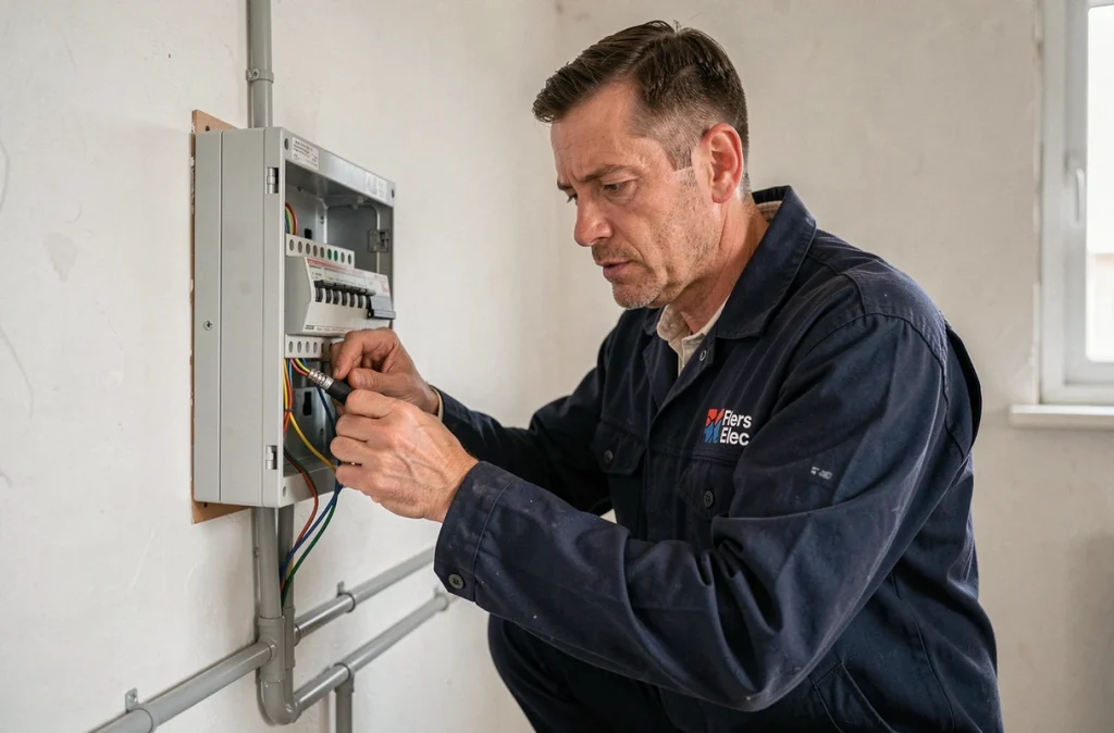 Électricien de Flers Elec câblant un tableau de distribution résidentiel moderne dans une maison rénovée à Flers