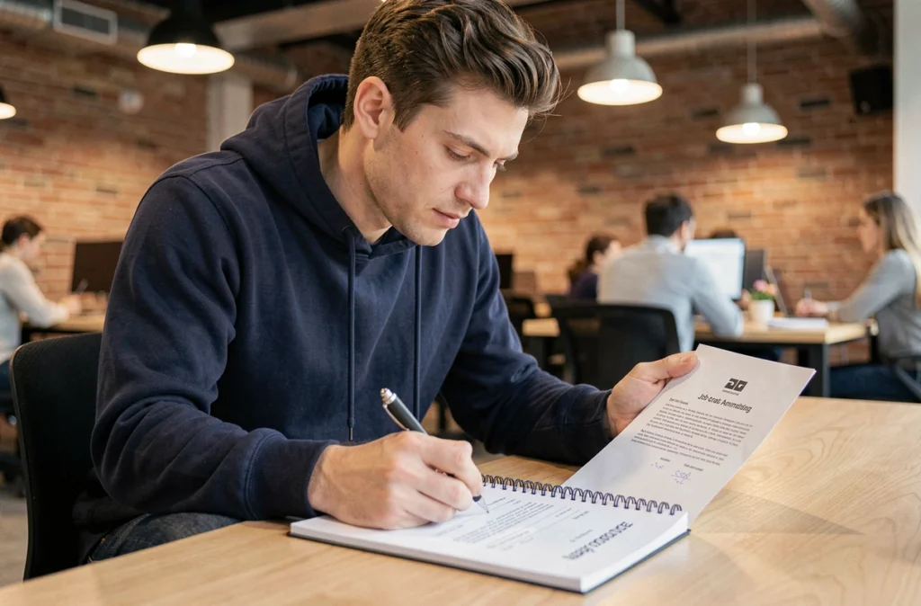 Jeune homme concentré étudiant une offre d'emploi d'animateur dans un espace de coworking moderne